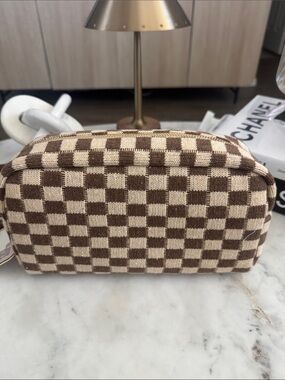 Brown Checkered Women’s Cosmetic Pouch - Unbranded